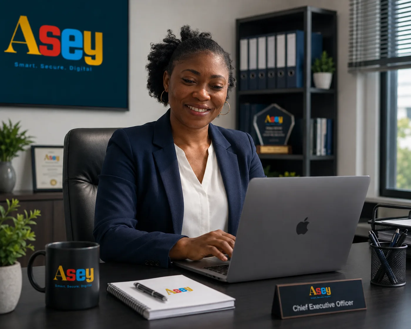 ASEY TECH leadership working at a branded office desk