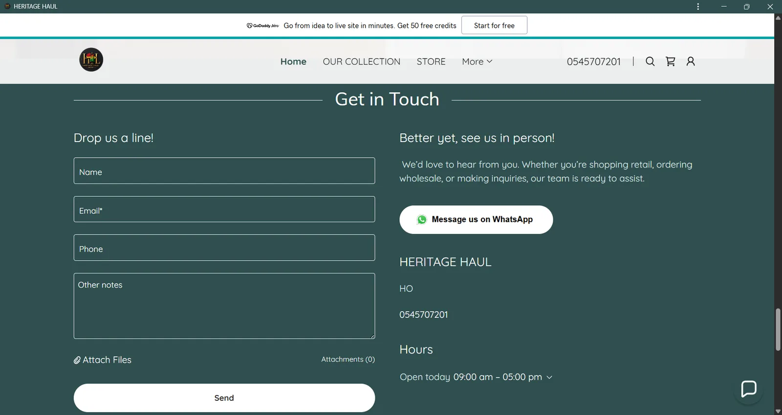 Heritage Haul contact page with enquiry form, WhatsApp button and opening hours